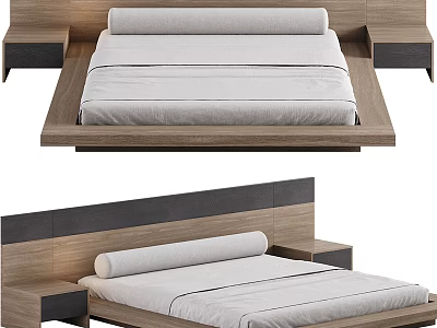 Modern Double Bed With Wooden Frame White Mattress Two Tone Headboard And Side Storage 3d model