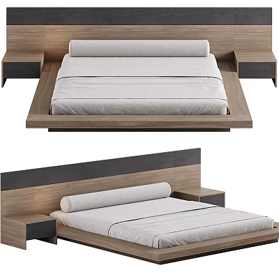 Modern Double Bed With Wooden Frame White Mattress Two Tone Headboard And Side Storage 3d model