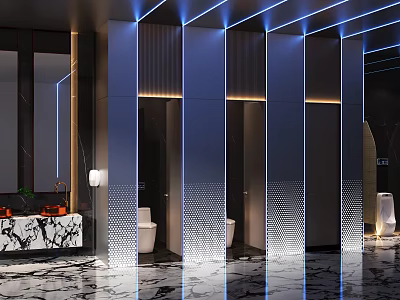 Luxurious Modern Hotel Bathroom Design With Stalls Marble Countertop And LED Mirrors 3d model