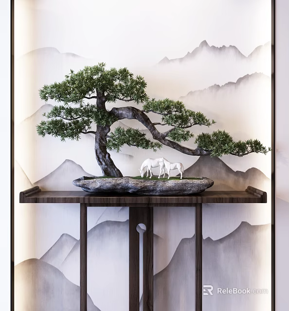 Bonsai Tree with Curved Trunk Lush Foliage Stone Base White Pony Figurines against Landscape Background 3d model 