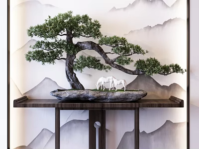 Bonsai Tree with Curved Trunk Lush Foliage Stone Base White Pony Figurines against Landscape Background 3d model