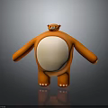 Orange Cartoon Bear Like Character With Round Body White Belly Standing On Dark Reflective Surface