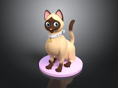 Siamese Cat Standing on Pink Round Base with White Collar and Golden Bell 3d model