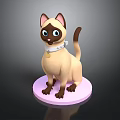 Siamese Cat Standing on Pink Round Base with White Collar and Golden Bell