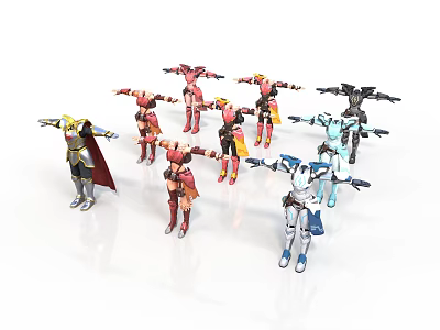 Colorful Robot Action Figures With Various Poses And Different Colors Standing 3d model