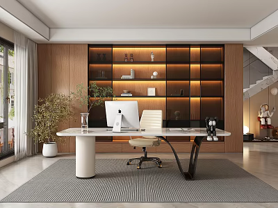 Modern Home Office With Wooden Walls Lit Shelves White Desk Chair Computer Plants And Rug 3d model