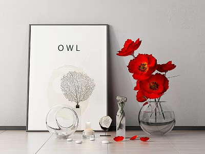 Decorative Ornament Combination With Framed OWL Art Red Poppies Coral Decor Glass Vases And Candles 3d model