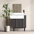 Black Entryway Cabinet Sideboard with Arched Doors Decorative Sculpture and Green Plant in Light Wall Interior