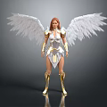 Red Haired Female Angel Wearing White And Gold Armor With Large White Wings