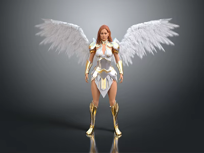 Red Haired Female Angel Wearing White And Gold Armor With Large White Wings 3d model