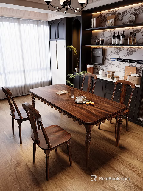 Solid Wood Dining Table Set with Four Chairs Tray Lemons and Glass in Kitchen 3d model 