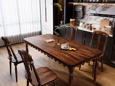 Solid Wood Dining Table Set with Four Chairs Tray Lemons and Glass in Kitchen 3d model