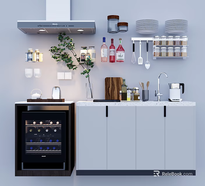 Modern Kitchen With Essential Appliances Including Wine Cooler Coffee Maker And Range Hood 3d model