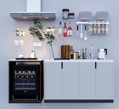 Modern Kitchen With Essential Appliances Including Wine Cooler Coffee Maker And Range Hood 3d model