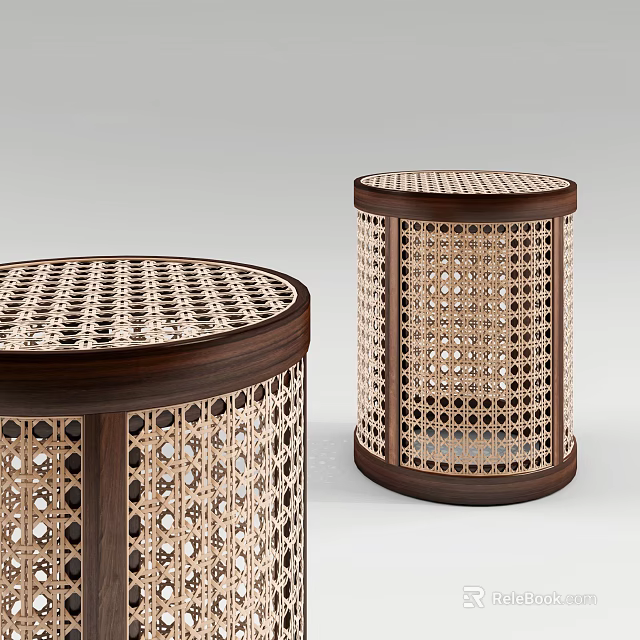 Pair of Modern Round Side Tables With Wooden Frame And Woven Rattan Design 3d model 
