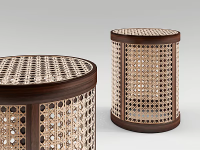 Pair of Modern Round Side Tables With Wooden Frame And Woven Rattan Design 3d model
