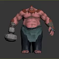 Muscular Tattooed Red Haired Giant Character Holding Stone Hammer With Green Apron