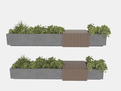 Bonsai Potted Plants In Long Rectangular Concrete Planters With Wooden Middle Section And Green Foliage 3d model