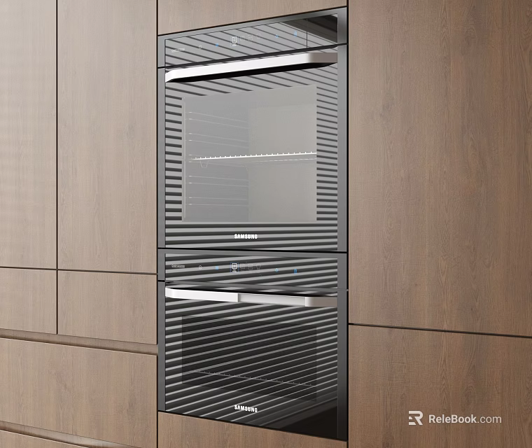 Modern Built In Kitchen Appliances With Black Glass Doors And Wooden Cabinets 3d model 