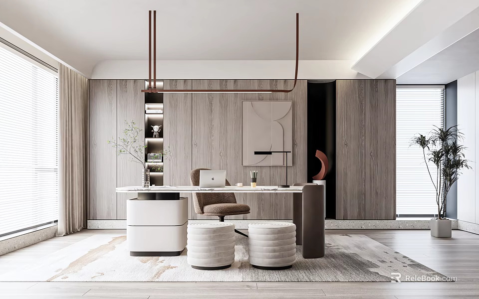 Modern Study Room Interior Design With Wooden Walls Desk Chair And Decorative Mirror 3d model 