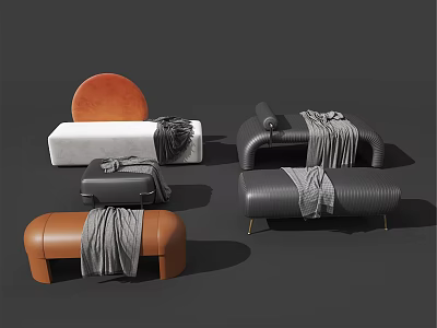 Stylish Modern Ottoman Furniture With Leather Fabric And Throws In Black White Brown 3d model