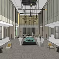 Modern Hotel Lobby Entrance With Glass Doors Architectural Ceiling Design And Green Plants