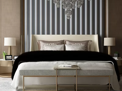 Elegant Modern Bedroom Bed With Striped Wall Chandelier Cream Headboard And Black Fur Blanket 3d model