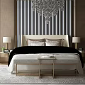 Elegant Modern Bedroom Bed With Striped Wall Chandelier Cream Headboard And Black Fur Blanket