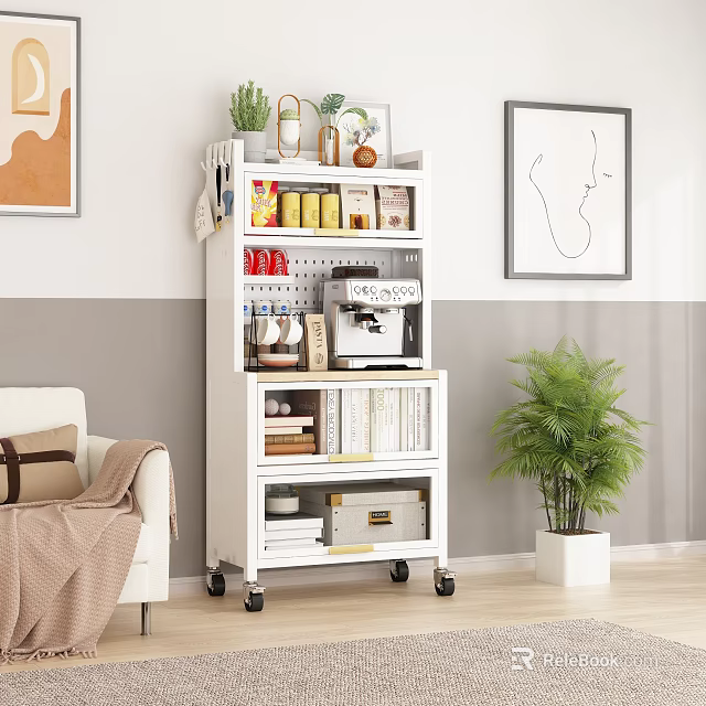 White Mobile Bookcase with Shelves Holding Books Coffee Machine Cans and Decor in Living Room 3d model 