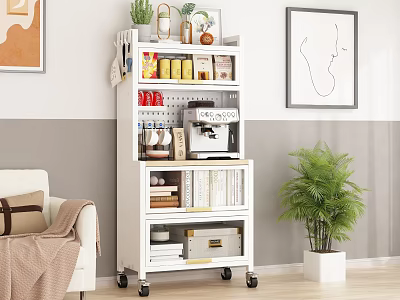 White Mobile Bookcase with Shelves Holding Books Coffee Machine Cans and Decor in Living Room 3d model