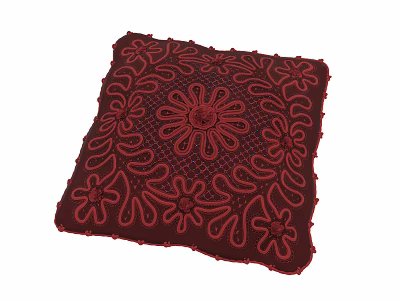 Red Decorative Throw Pillow With Intricate Floral Design And Fringed Trim 3d model