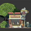 Cute Cartoon Coffee Shop Scene With Lush Green Tree Playful Squirrel And Menu Board