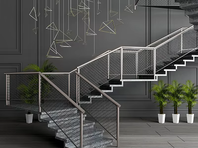 Modern Staircase With Metal Railing Marble Steps Black Wall Hanging Pendant Lights And Potted Plants 3d model