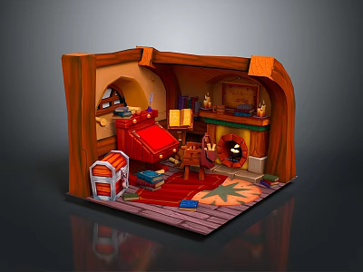 Scenic Log Cabin Interior with Red Sofa Fireplace Wooden Chest Carpet and Bookshelf 3d model