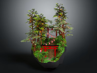 Cartoon Scenery of Floating Island With Torii Gate Red Stairs Green Trees and Lanterns 3d model
