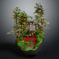 Cartoon Scenery of Floating Island With Torii Gate Red Stairs Green Trees and Lanterns