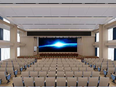 Modern Spacious Conference Room Interior With Neatly Arranged Seats And Large Projection Screen 3d model