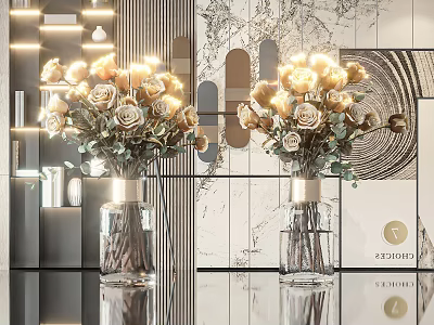Elegant Transparent Vase with Golden Roses and Green Leaves in Modern Interior 3d model