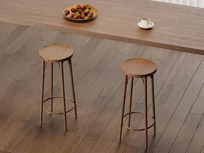 Wooden Bar Stools With Metal Legs Under Wooden Counter And Fruit Plate Coffee Cup 3d model