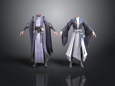 Ancient Style Robes In Dark Gray Blue And Gray White With Decorative Belts 3d model