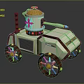3D Rendered Steampunk Vehicle With Yellow Top White Body Brown Wheels Gold Accents Blue Light