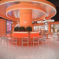 Orange Themed Restaurant Interior With Circular Pendant Lights Open Layout Tables And Chairs 3d model