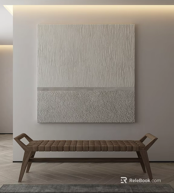 Textured Gray Wall Art With Wooden Woven Bench In Modern Interior 3d model 