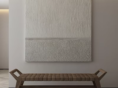 Textured Gray Wall Art With Wooden Woven Bench In Modern Interior 3d model