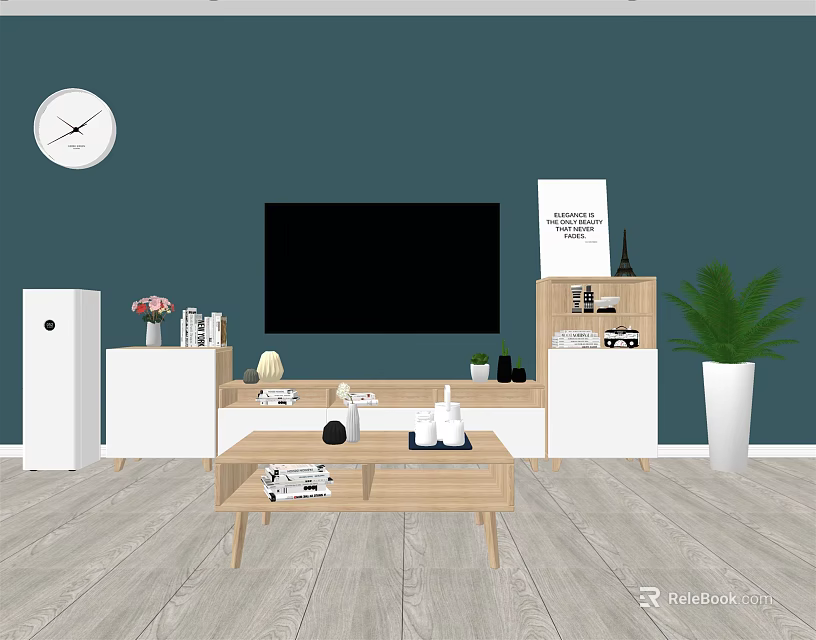 Modern Wooden TV Stand With TV Decorations Plants And White Cabinets In Living Room 3d model 