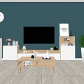 Modern Wooden TV Stand With TV Decorations Plants And White Cabinets In Living Room