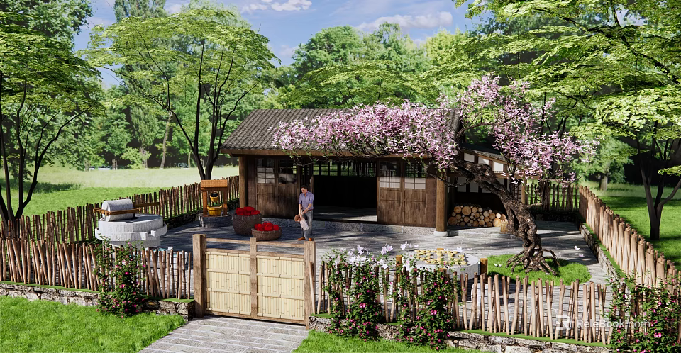 Rustic Wooden Homestay Building with Wooden Gate and Pink Flowering Tree in Green Surroundings 3d model 