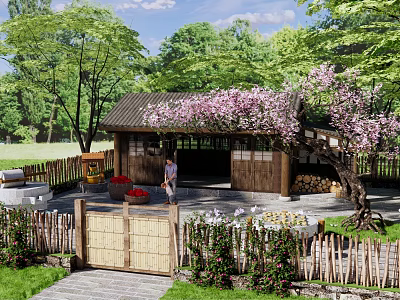 Rustic Wooden Homestay Building with Wooden Gate and Pink Flowering Tree in Green Surroundings 3d model