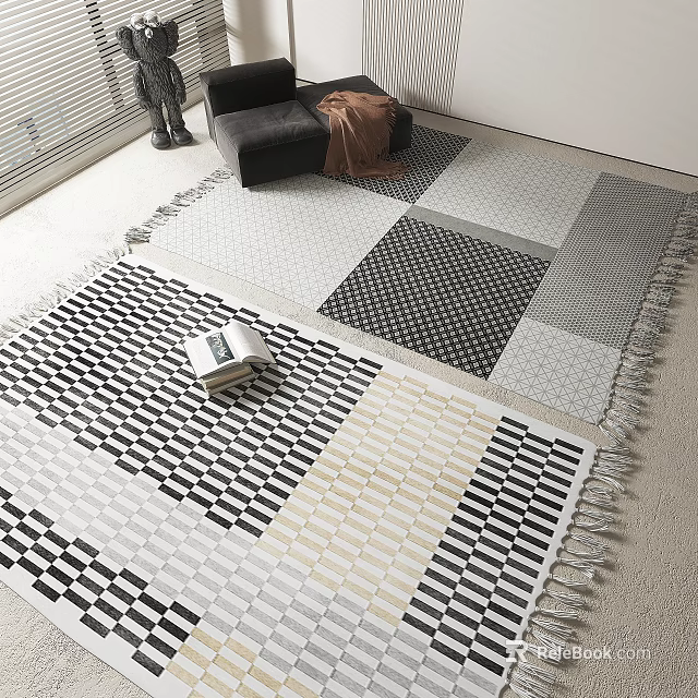 Square Rugs With Geometric Patterns And Fringe In Living Room 3d model 