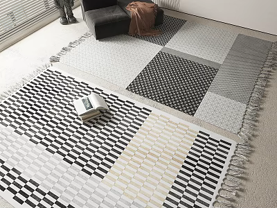 Square Rugs With Geometric Patterns And Fringe In Living Room 3d model